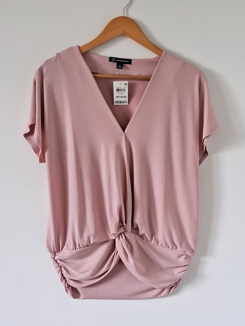 INC Dusty Pink Knot-Front V-Neck Blouse Med Mauve Top Drape Flowy Short Sleeve